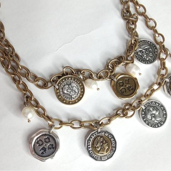 Patricia Nash Necklace Double Charm World Coin & Freshwater Pearls - Picture 6 of 9